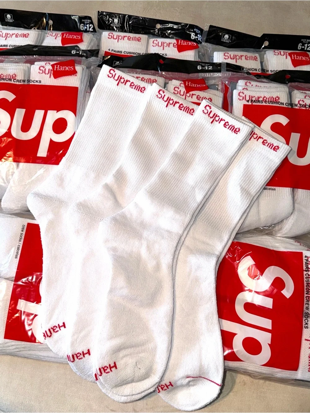 Hanes x Supreme White Crew Athletic Socks with Red Logo - 3 Pair